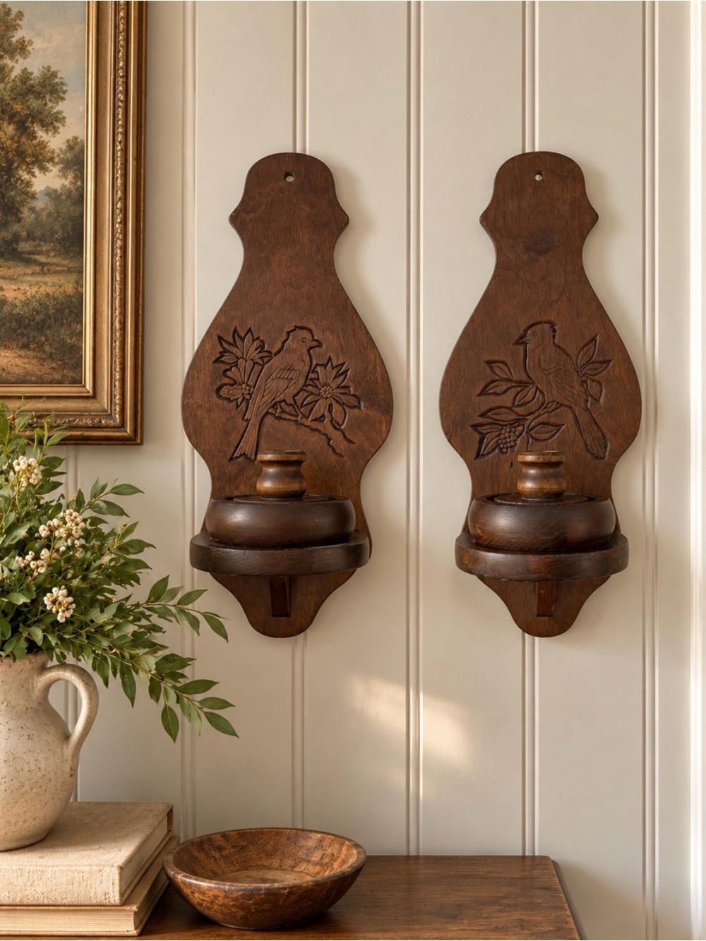 Vintage Wooden Bird Wall Candle Holders – Set of 2